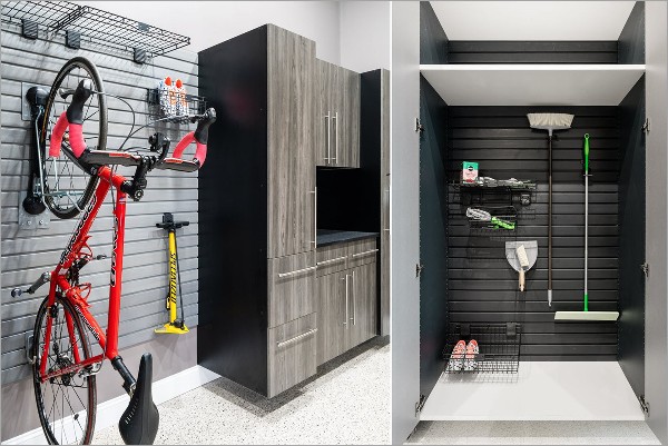 Organized garage with cabinets and slatwall storage