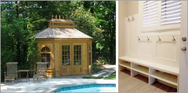 Custom outdoor pool cabana with pool and custom mudroom and storage solution
