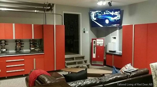 Custom garage with media center and game room