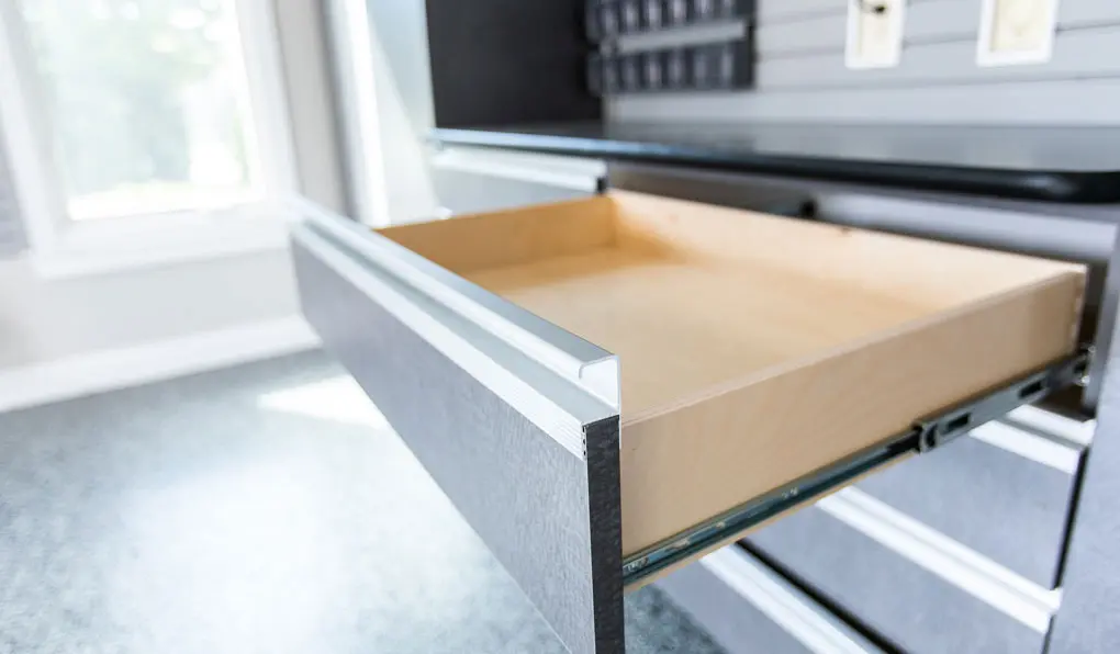 Garage cabinet with one drawer opened