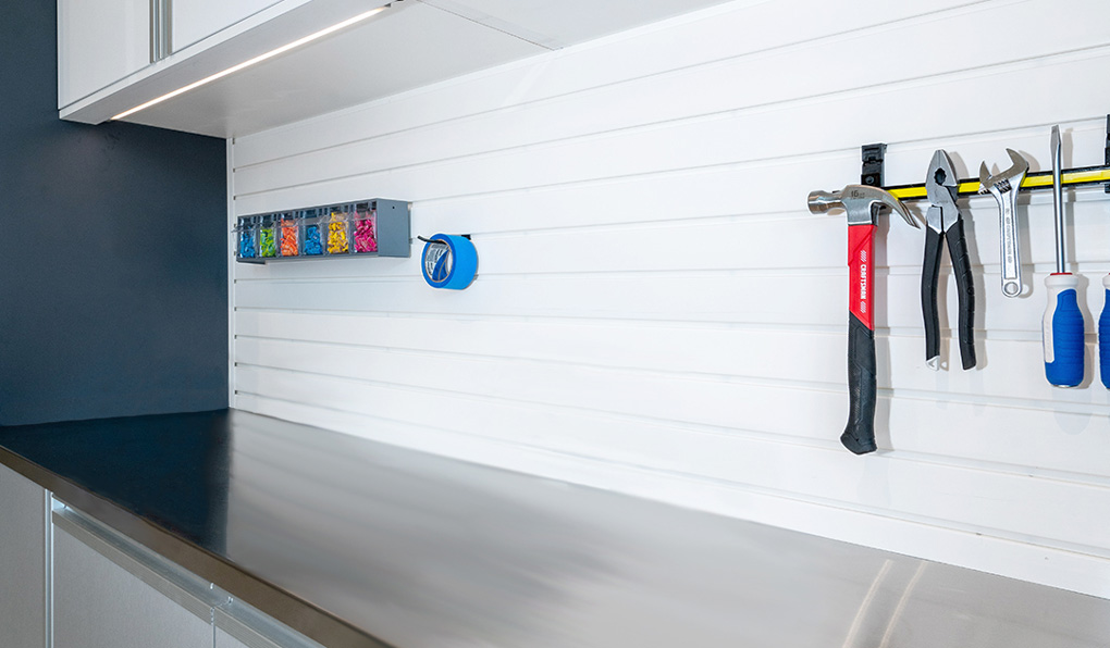 Garage with custom shelving and countertops