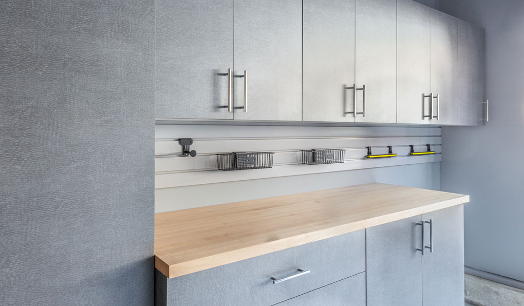 Custom garage shelving with cabinets
