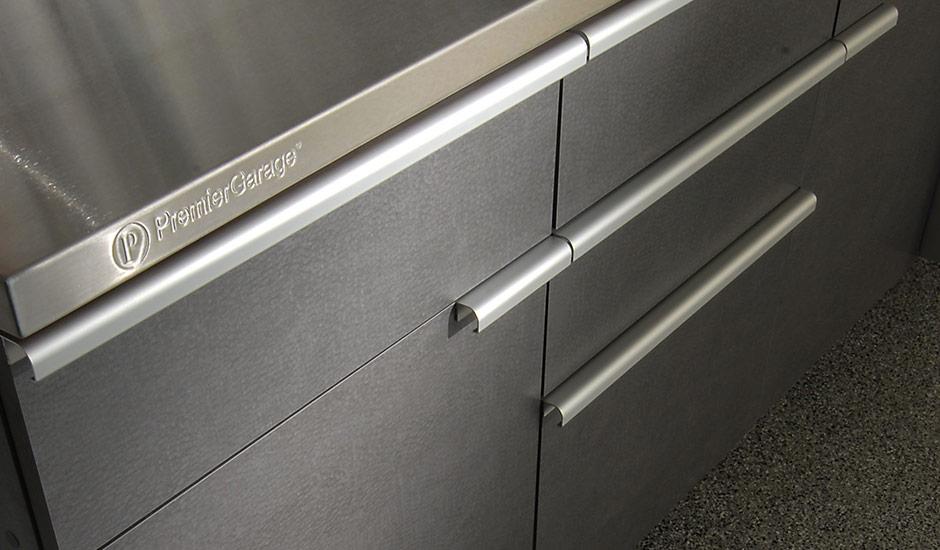 windswept pewter garage cabinets and countertop